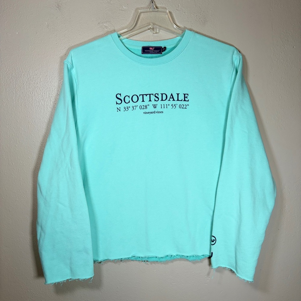 Vineyard Vines Scottsdale Graphic Sweatshirt Aqua Blue Raw Hem Womens XL